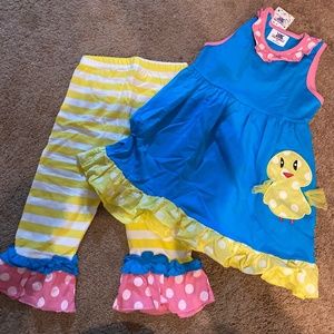 Girls Sz 7 Easter dress and capris outfit blue yellow chick